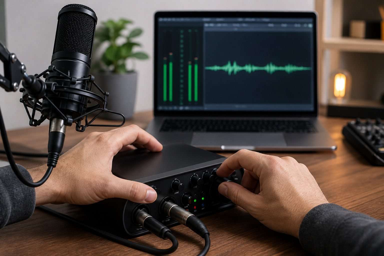 Persona ajustando filtros de audio y niveles de un micrófono