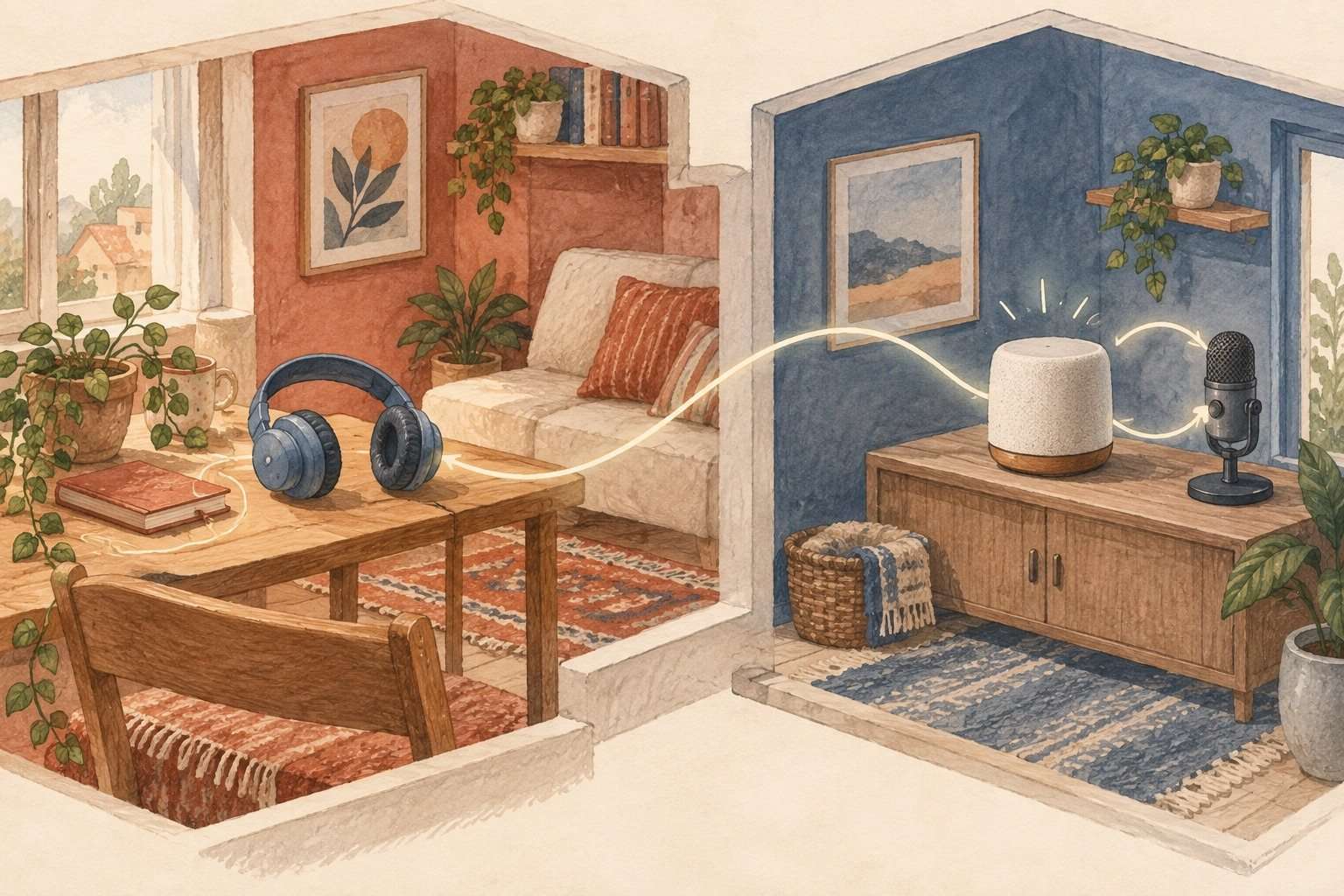 Dos habitaciones conectadas por una llamada, con auriculares en una y un altavoz junto al micrófono en la otra.